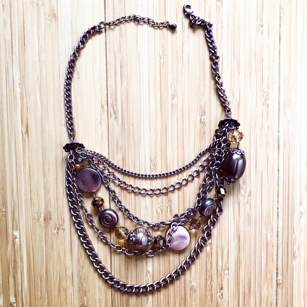 Boho bronze & beige bead layered strand necklace